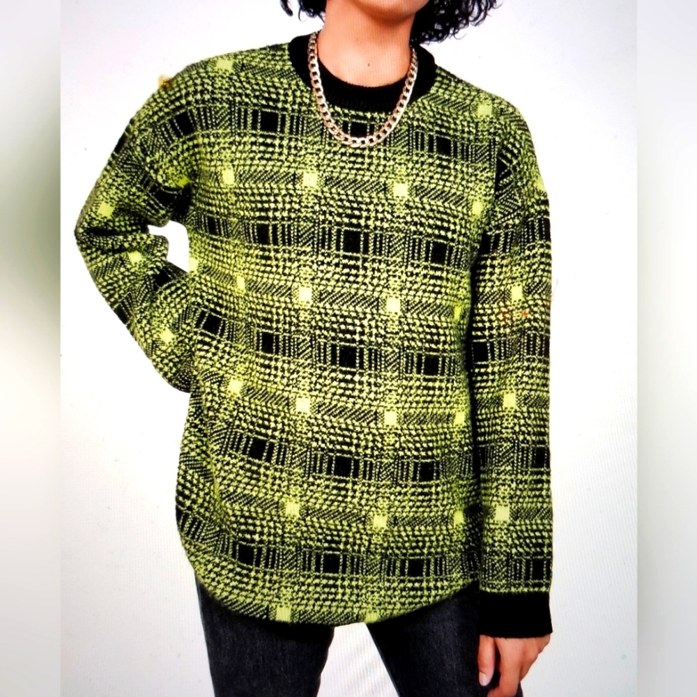 NWT BP+ WILDFANG WOMEN'S  CREWNECK SWEATER BLACK GREEN LAURA OMBRE PLAID